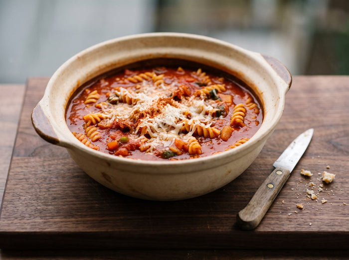 Sonnentempel-Pasta aus einem Topf, mit Tomatensauce