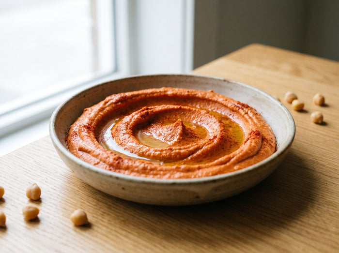 Glut-Hummus mit Olivenöl in einer Schale