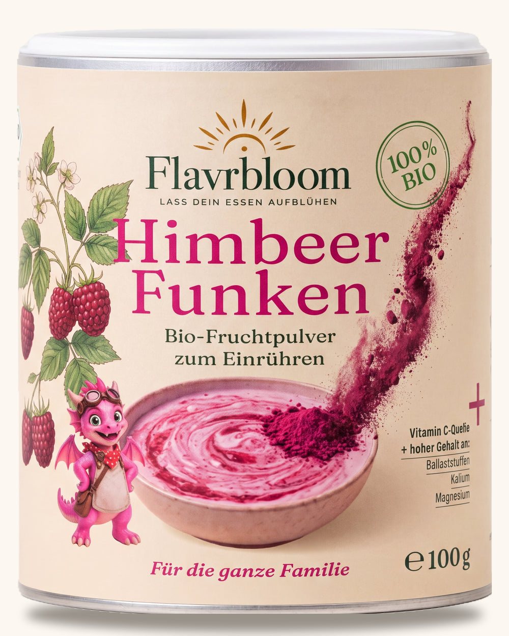 Himbeer Funken - Bio-Fruchtpulver zum Einruehren von Flavrbloom, 100 g Dose