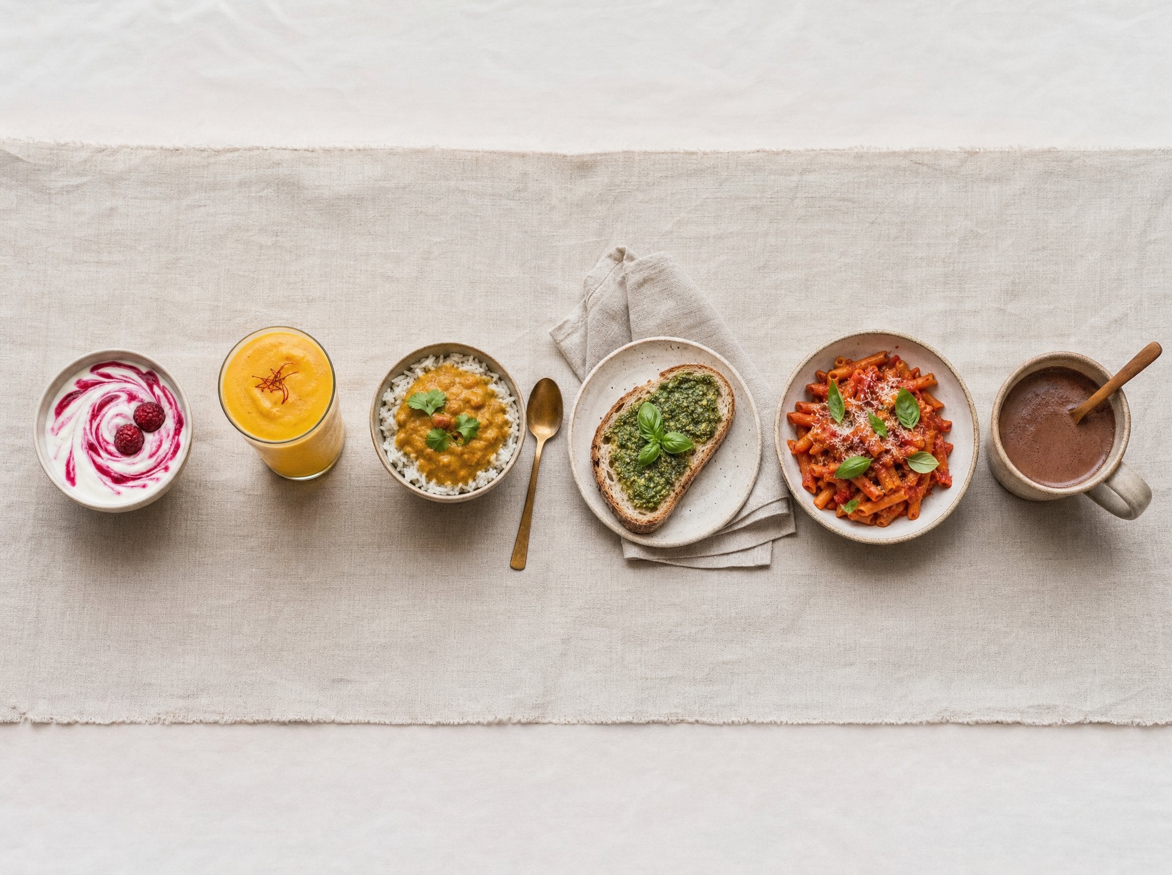 Sechs Gerichte in einer Reihe wie ein Tagesablauf — von der rosa Frühstücksbowl bis zur Trinkschokolade