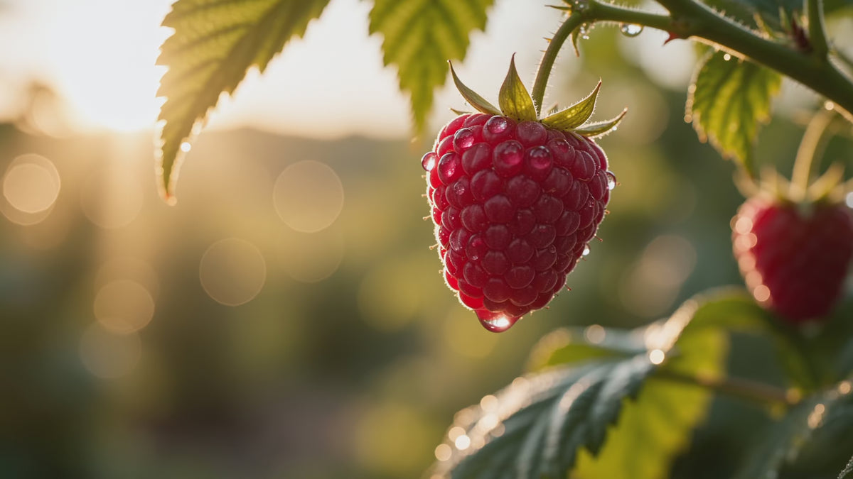 Eine reife Himbeere am Strauch im Gegenlicht, Tautropfen auf den Fruchtkammern