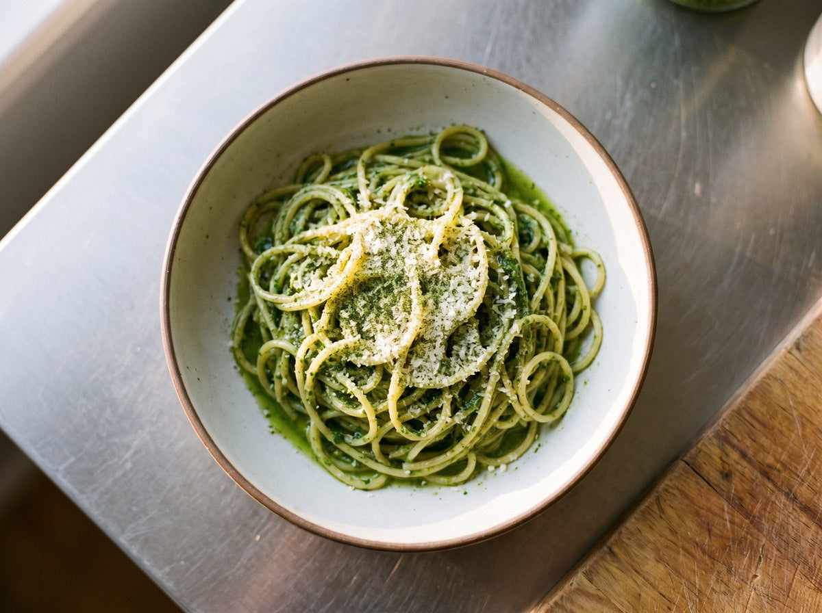 Bandnudeln mit cremigem grünem Basilikum-Pesto, Parmesan und gerösteten Kernen