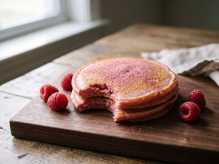 Stapel rosa Pancakes mit frischen Beeren, natürlich gefärbt mit Himbeerpulver