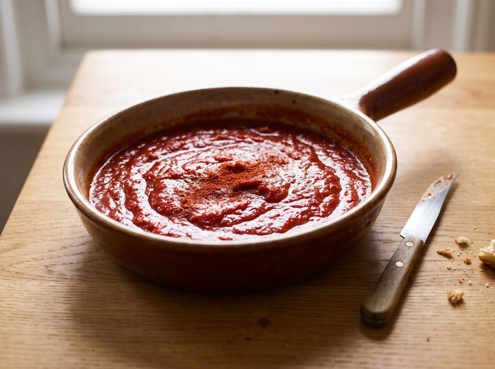 Topf mit tiefroter Tomatensauce und frischem Basilikum, daneben Pasta