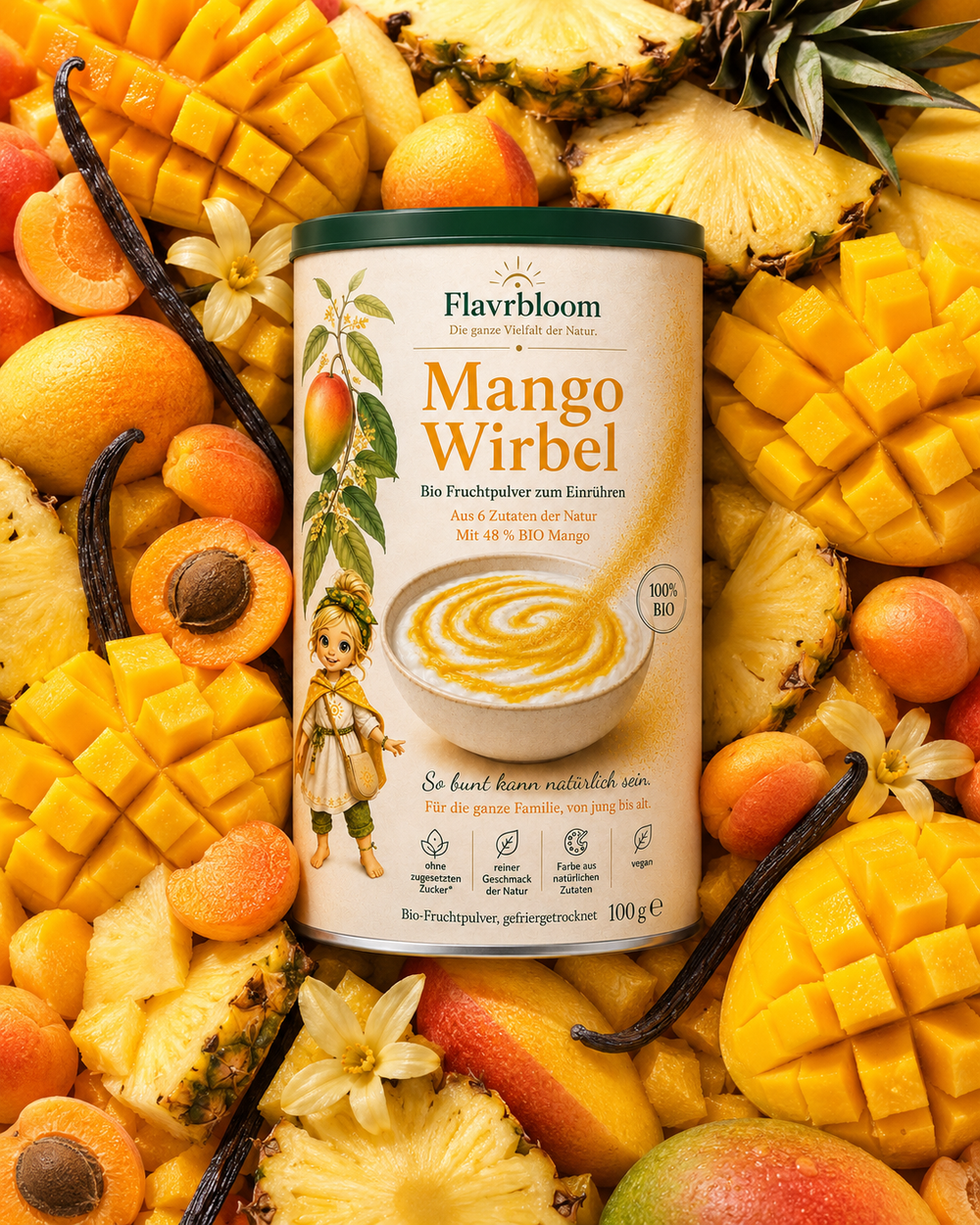 Ananas Maracuja Wirbel, Bio-Fruchtpulver zum Einrühren von Flavrbloom