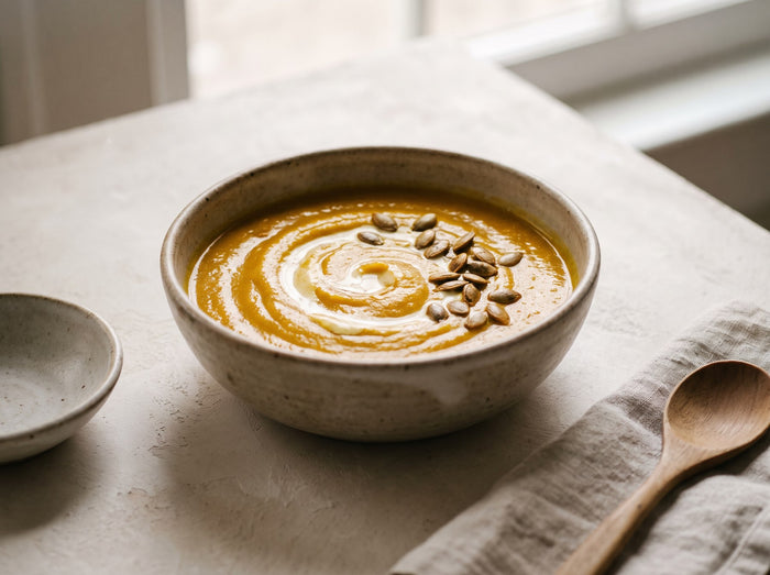Goldflüster-Kürbissuppe in einer Schale