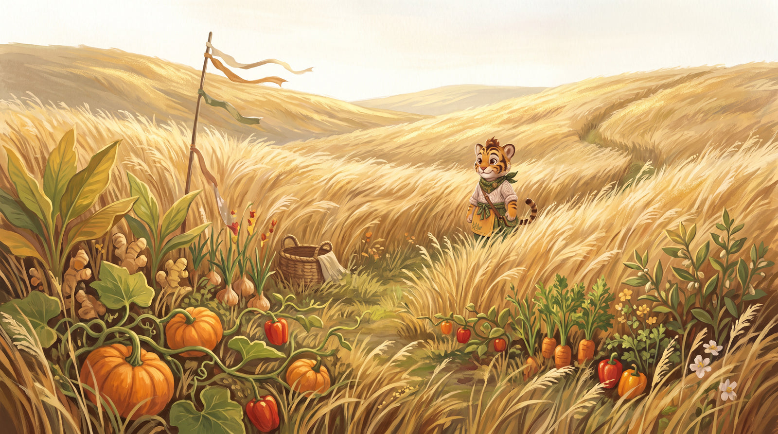 Die Flüsterhöhen in Bloomia mit Wind, Grashalmen und goldenem Schimmer, Lino auf der Höhe