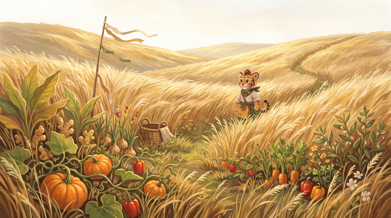 Die Flüsterhöhen in Bloomia mit Wind, Grashalmen und goldenem Schimmer, Lino auf der Höhe