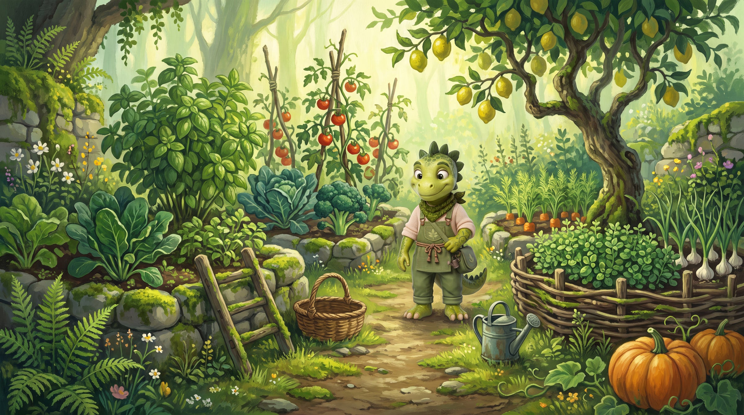 Der Wachsende Garten in Bloomia mit Beeten und Basilikum, Verdino zwischen den Reihen
