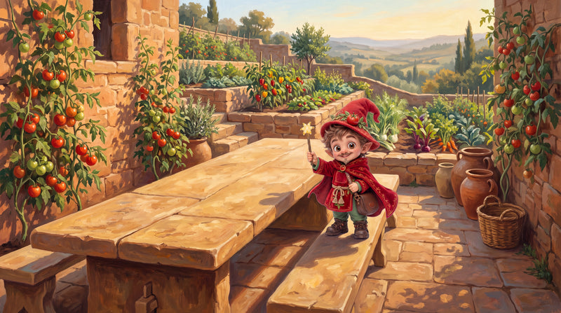 Der Sonnentempel in Bloomia mit Reife-Terrassen, Tomatenwänden und langem Steintisch, Pomoro im Hof