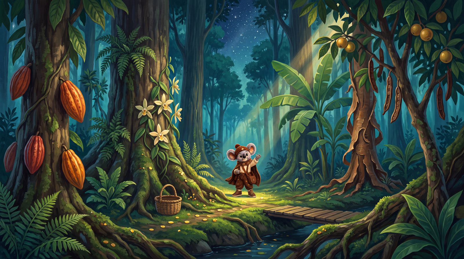 Der Sternenwald in Bloomia mit goldenen Lichtfäden und Kakaobäumen, Kometto zwischen den Stämmen
