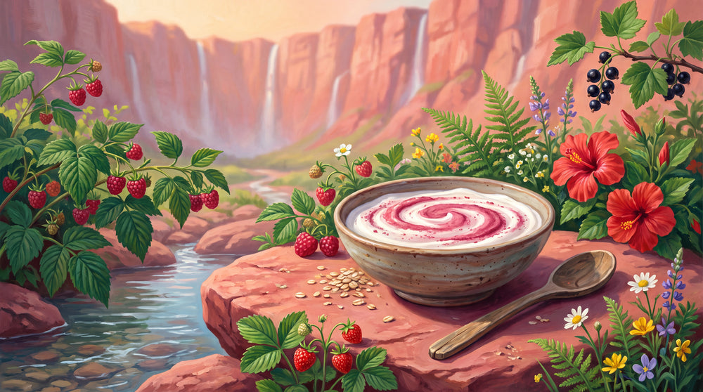Nahmotiv aus dem Drachenkrater: Schale mit Himbeeren am warmen Quellwasser