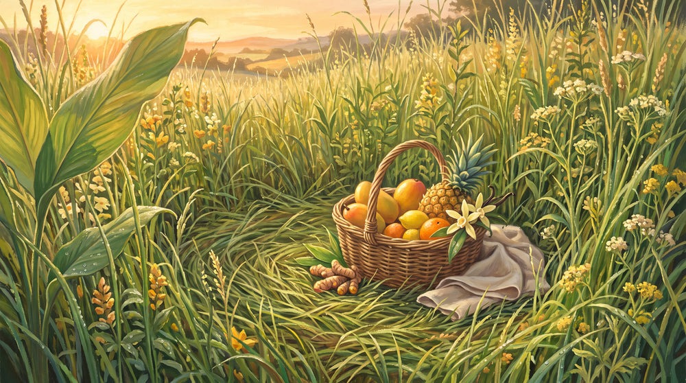 Nahmotiv aus den Morgenwiesen: Korb mit Mangos im Gras am Teichrand