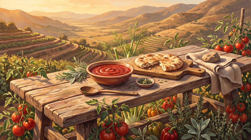 Nahmotiv aus dem Sonnentempel: Steinbank mit reifenden Tomaten auf den Reife-Terrassen