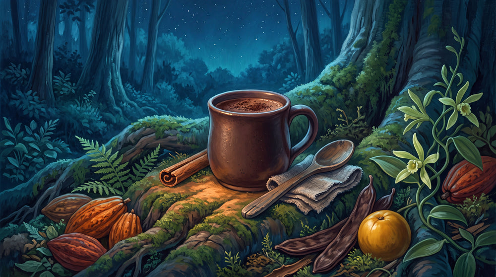 Nahmotiv aus dem Sternenwald: Becher mit Kakao zwischen goldenen Lichtfäden