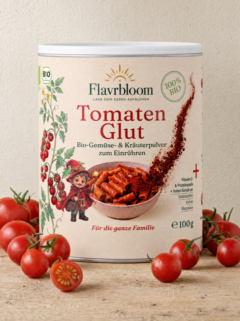 Tomaten Glut Dose von Flavrbloom auf Eichenholz, daneben reife Tomaten