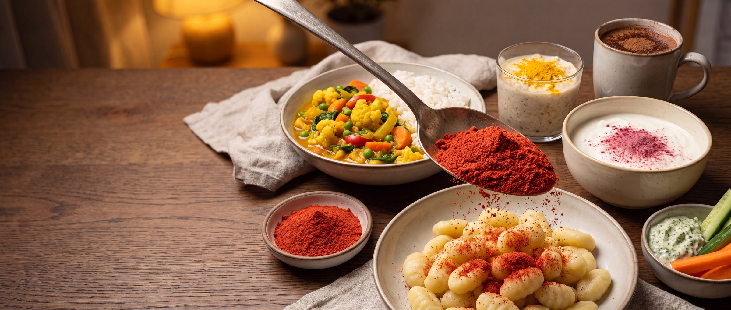 Gedeckter Tisch mit Gnocchi, Gemüsecurry, Joghurt, Porridge, Trinkschokolade und Kräuterdip, dazu ein Löffel Bio-Pulver