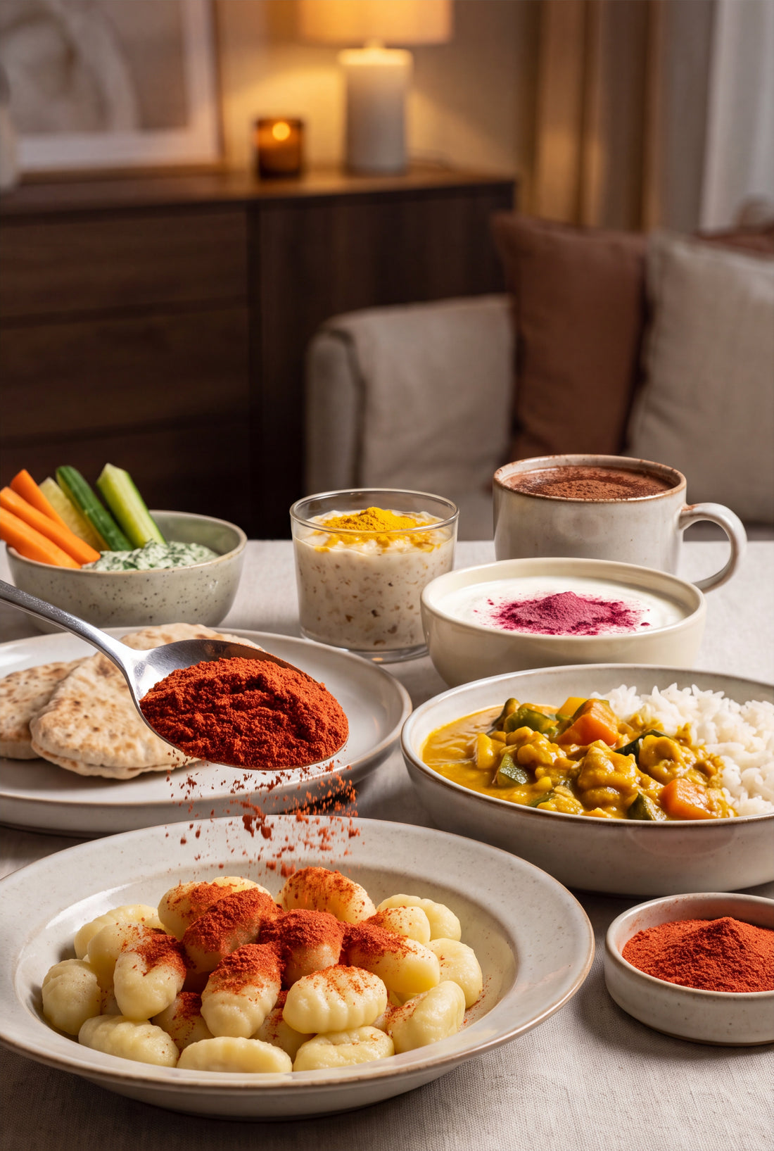Gedeckter Tisch mit Gnocchi, Gemüsecurry, Joghurt, Porridge, Trinkschokolade und Kräuterdip, dazu ein Löffel Bio-Pulver