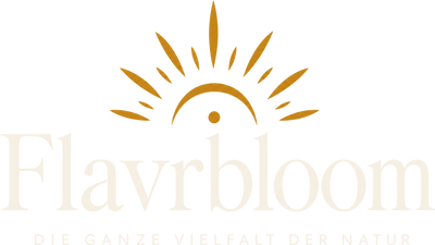 Flavrbloom Wortmarke mit Sonne und Claim, Creme für dunkle Flächen