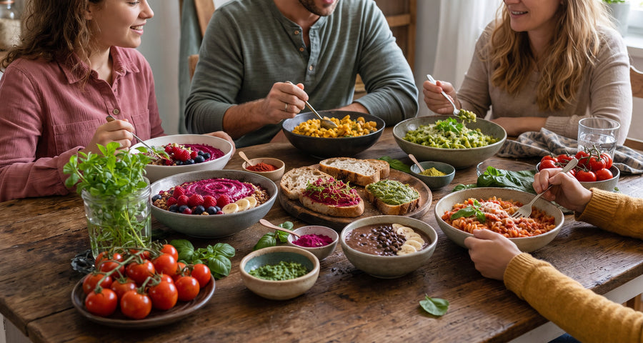 Gedeckter Tisch mit Bowls, Broten und Pasta, mehrere Personen essen gemeinsam