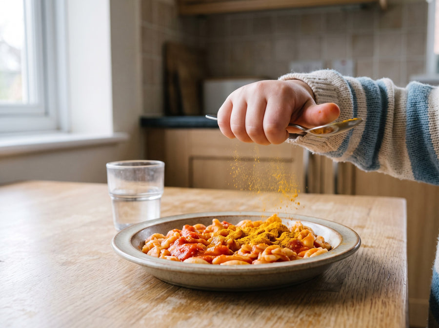 Kinderhand streut goldgelbes Currypulver ueber Nudeln mit Tomatensauce