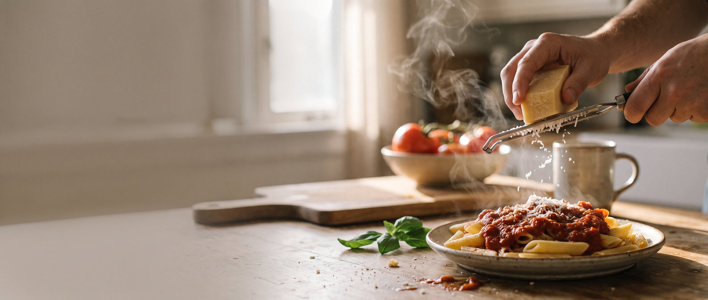Gedeckter Holztisch mit vielen bunten Gerichten – Pancakes, Bowls, Pasta und Dips in den sechs Naturfarben