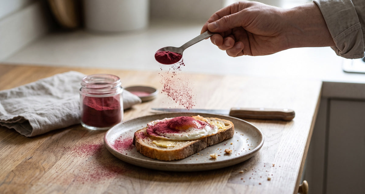 Feines rotes Pulver wird ueber ein Spiegelei auf Brot gestreut
