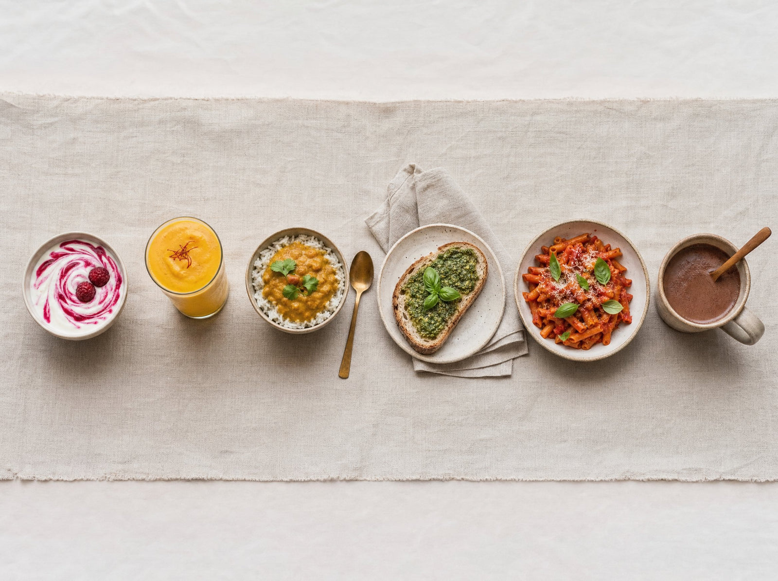 Sechs Gerichte in einer Reihe wie ein Tagesablauf — von der rosa Frühstücksbowl bis zur Trinkschokolade