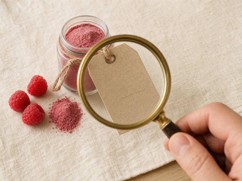 Hand mit Lupe über einem blanko Etikett an einem Glas mit feinem Himbeerpulver, daneben frische Himbeeren