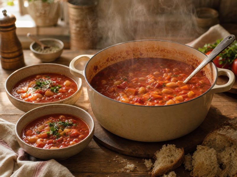 Dampfender Familientopf mit tiefrotem Tomateneintopf, zwei gefüllte Schalen und frisches Brot