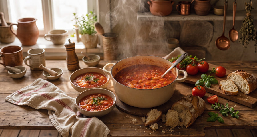 Dampfender Familientopf mit Tomateneintopf, gefuellte Schalen und Brot