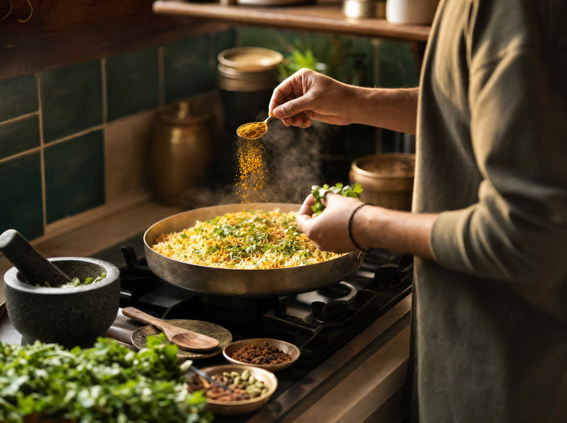 Goldenes Currypulver rieselt vom Löffel auf dampfenden Duftreis, frischer Koriander wird darübergestreut