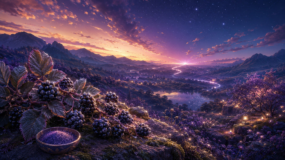 Staffel 2 — ein Leuchten erwacht: silbrig-violettes Leuchten hinter den Huegeln des Bloomia-Tals
