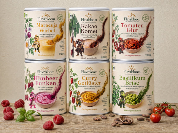 Der ganze Garten - alle sechs Flavrbloom-Dosen: Himbeer Funken, Maracuja Wirbel, Kakao Komet, Curry Gefluester, Tomaten Glut und Basilikum Brise