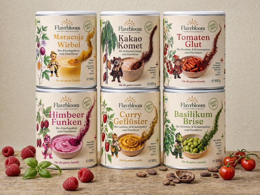 Der ganze Garten - alle sechs Flavrbloom-Dosen: Himbeer Funken, Maracuja Wirbel, Kakao Komet, Curry Gefluester, Tomaten Glut und Basilikum Brise