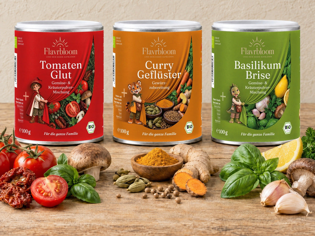 Die herzhaften Drei: Tomaten Glut, Curry Geflüster und Basilikum Brise auf Holz, davor Tomaten, Pilze, Kurkuma, Kardamom, Ingwer, Basilikum, Zitrone und Knoblauch