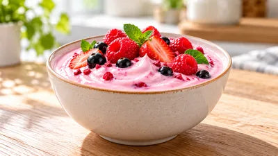 Dieselbe Schale Joghurt, rosa verruehrt mit Himbeer Funken, angerichtet mit frischen Beeren und Minze