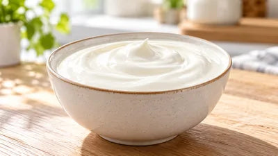 Eine Schale Naturjoghurt, pur, von der Seite fotografiert