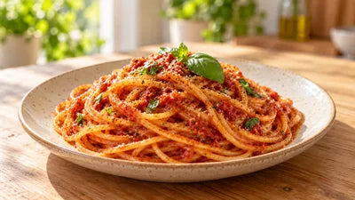 Derselbe Teller Spaghetti, rot verruehrt mit Tomaten Glut, angerichtet mit Basilikum