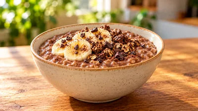 Dieselbe Schale Porridge, braun verruehrt mit Kakao Komet, angerichtet mit Bananenscheiben und Schokostueckchen