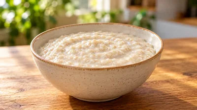 Eine Schale Porridge, pur, von der Seite fotografiert